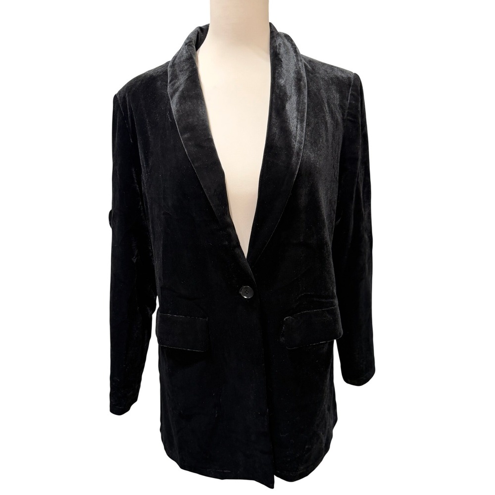 Womens Black Velvet Blazer Single Button Shawl Collar Jacket Size M NWOT